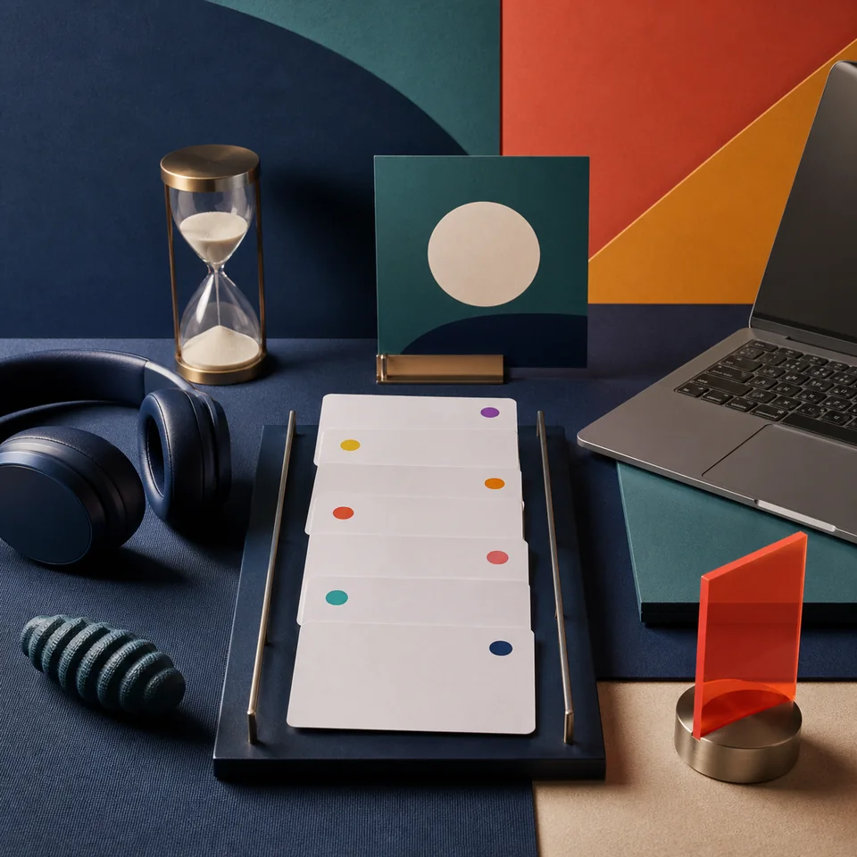 Abstract focus rings, timers and organised motion representing ADHD support