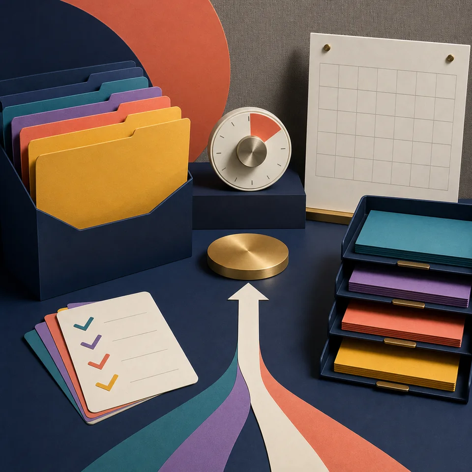 Abstract planner blocks and connected steps representing executive functioning support