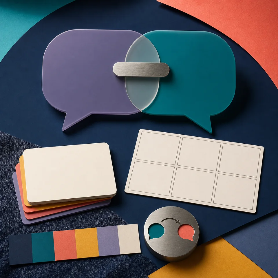 Abstract dialogue shapes and linked symbols representing social communication support